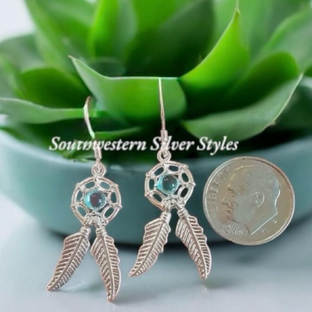 Navajo Sterling Silver Turquoise Blue Zircon Dream Catcher Feathers Earrings